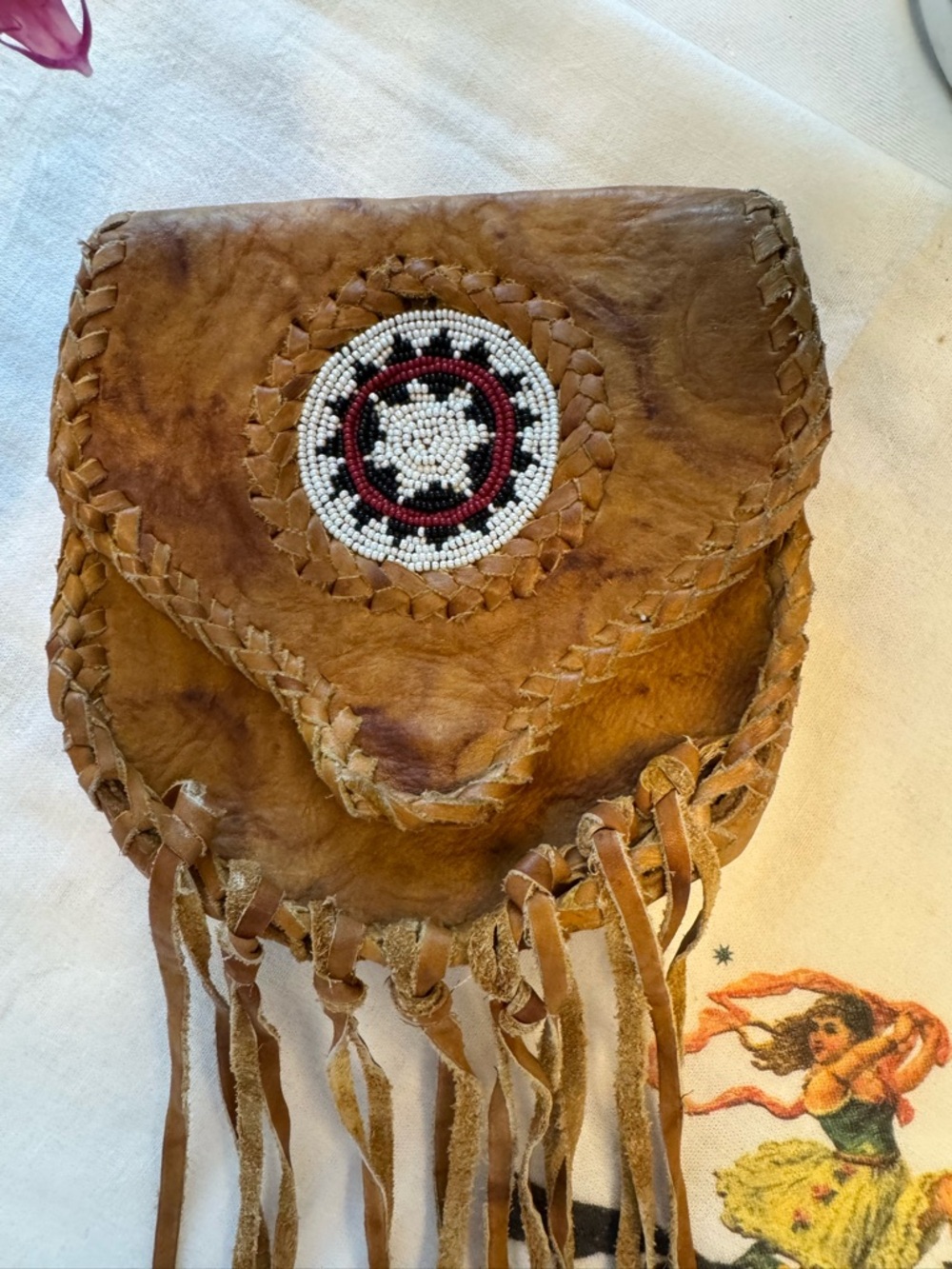 Handcrafted Brown Leather Fringe Belt Bag with Beaded Medallion